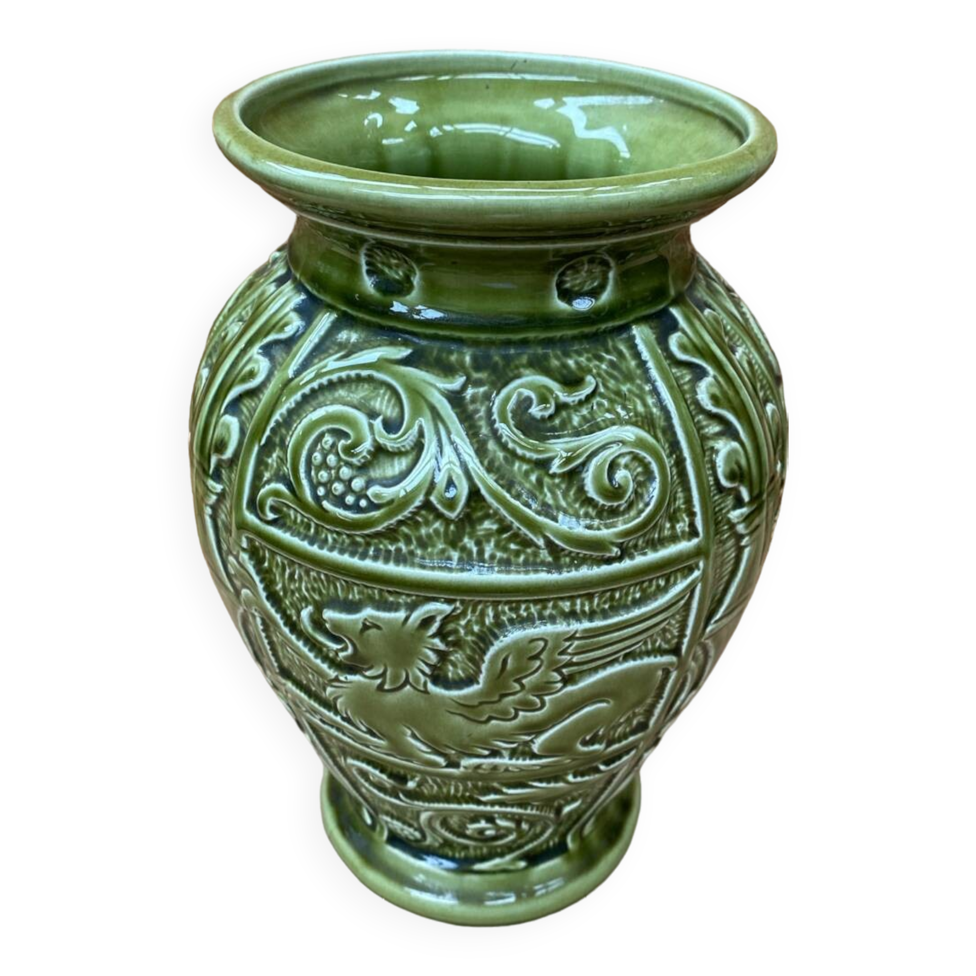 Antique ironstone vase green ceramic relief decor made in england vintage