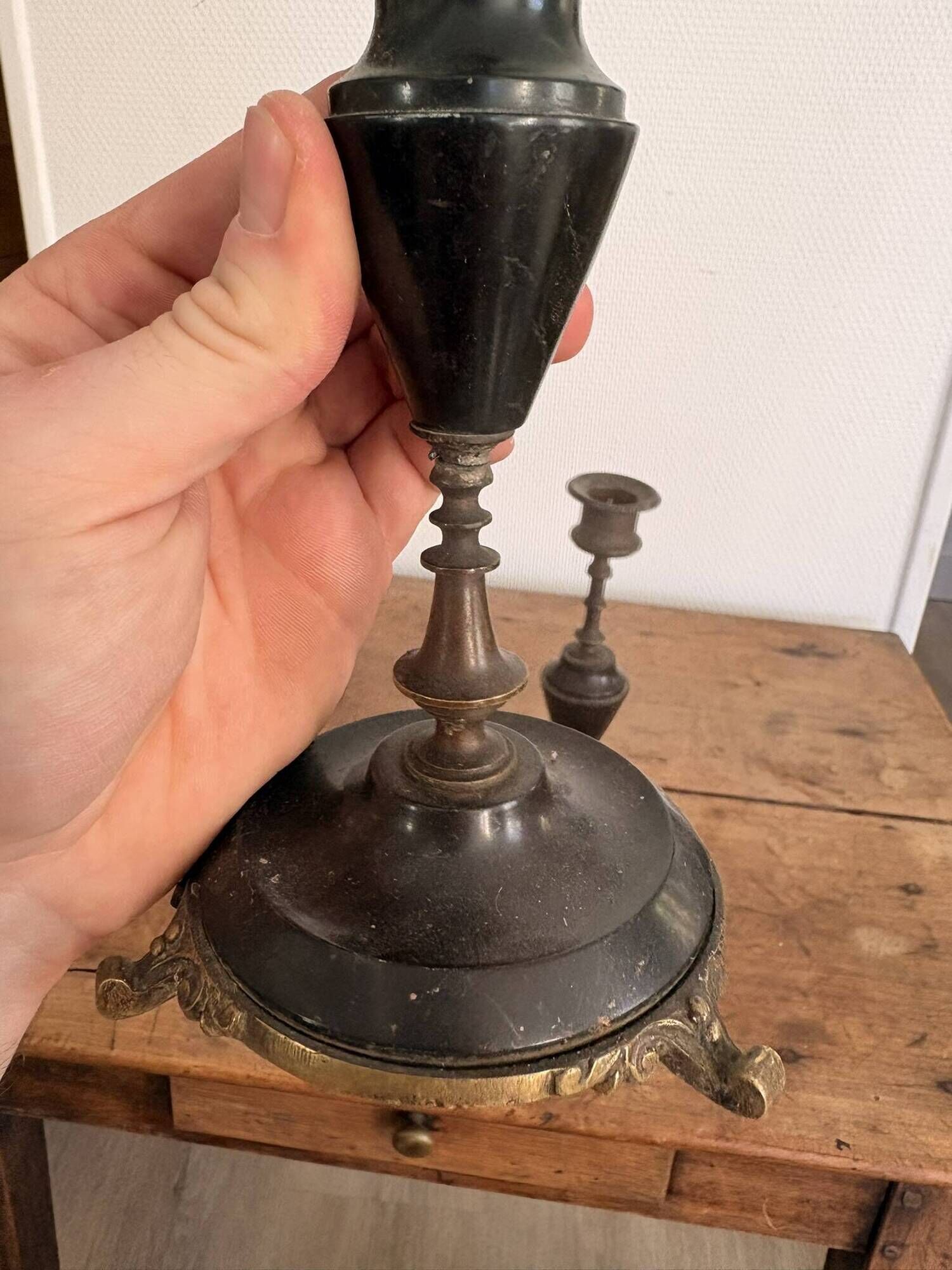 Pair of Antique Patinated Bronze and Brass Candle Holders Napoleon III Fireplace Garnish