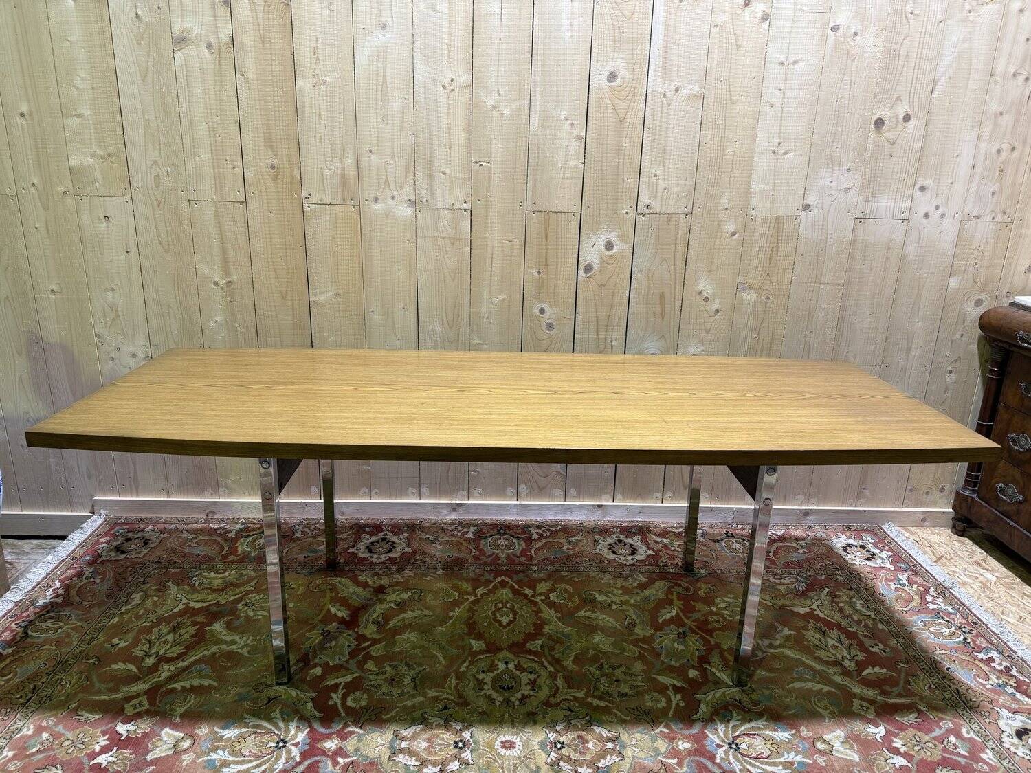 Italian dining table in wood and chrome signed "TRAU"