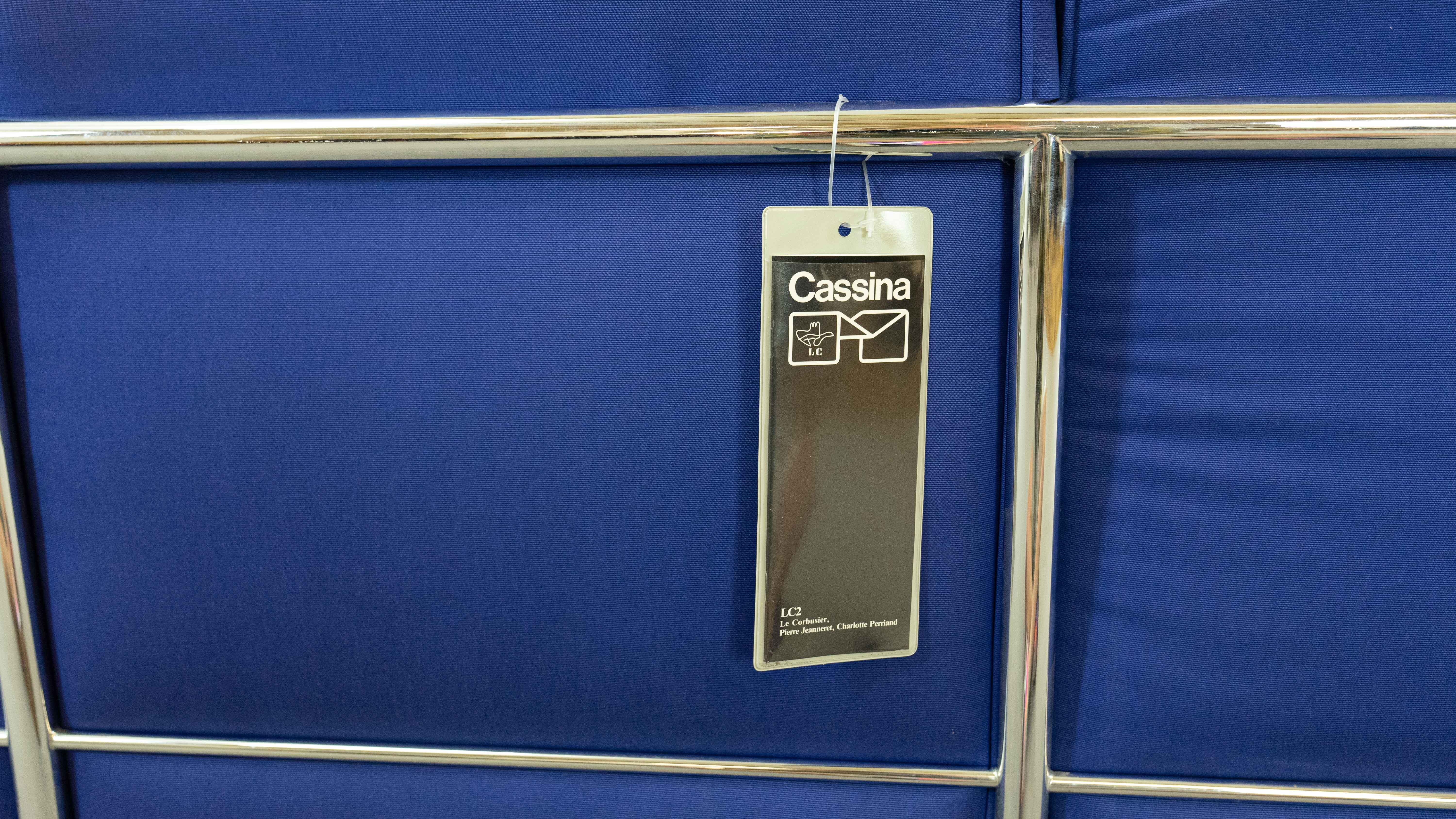 Cassina LC2 3seat Sofa by Charlotte Perriand, Le Corbusier and Pierre Jeanneret in blue fabrics