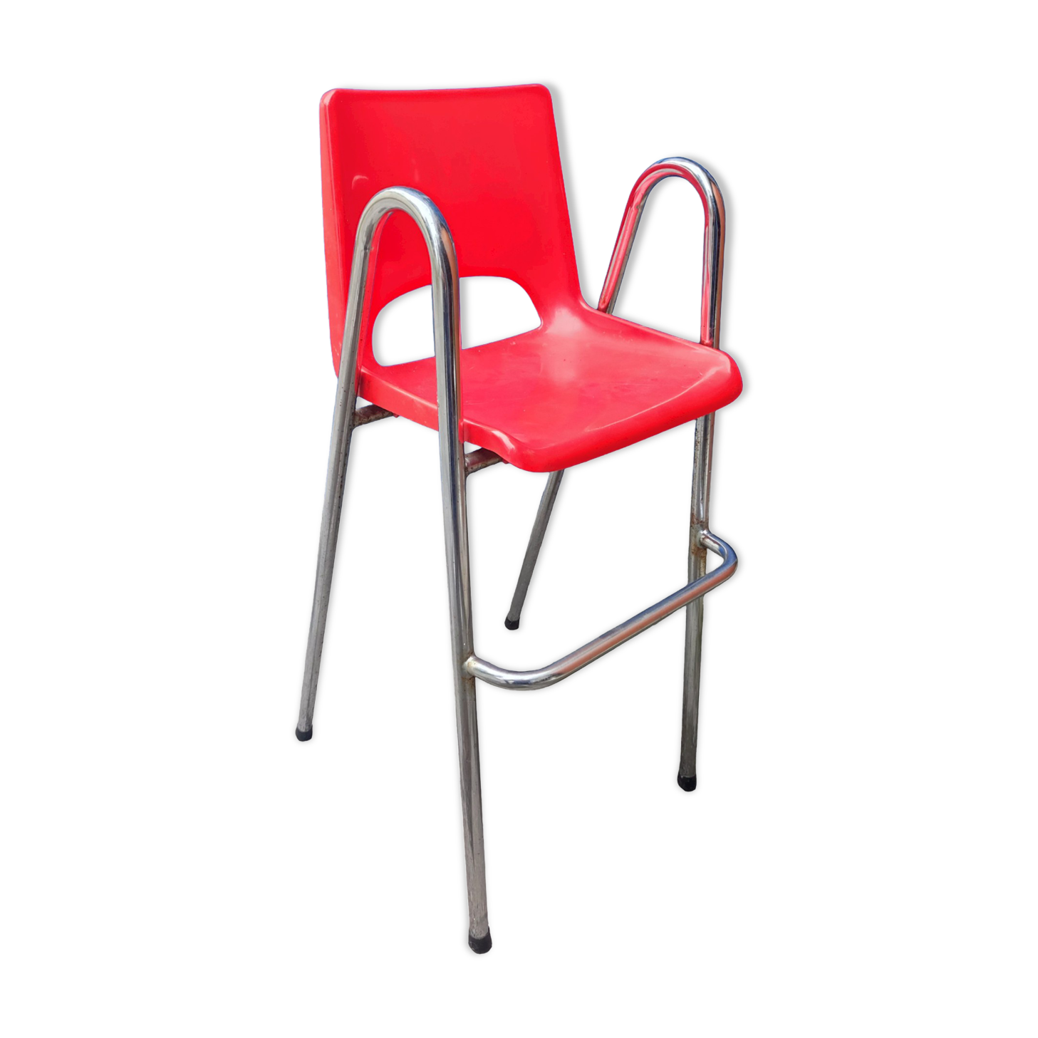 Children's high chair design chrome metal and vintage plastic