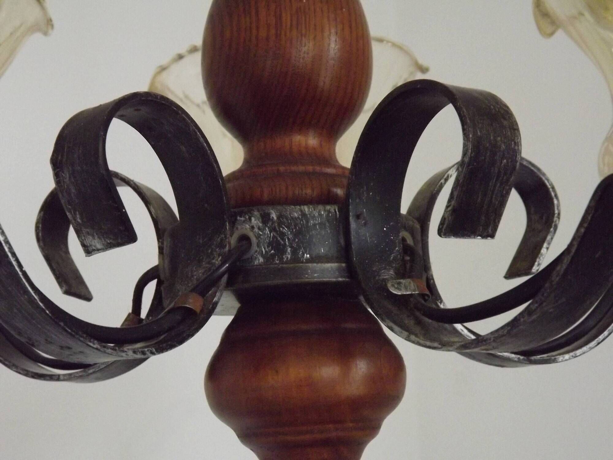 French 5 Light Mid Century Chandelier Wood Metal & Patterned Glass Shades