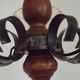 French 5 Light Mid Century Chandelier Wood Metal & Patterned Glass Shades