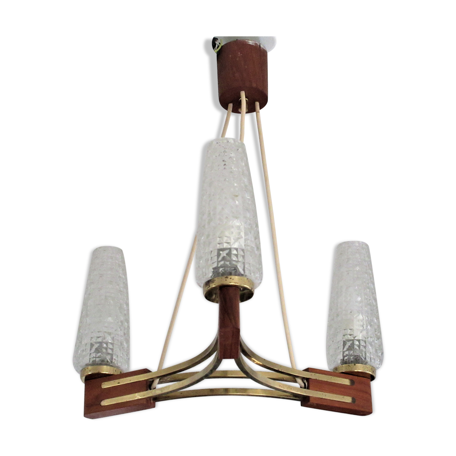 Set of 3-branched chandelier wood/brass/glass, 50-60s