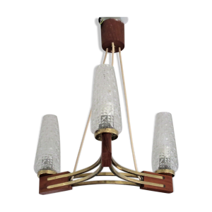 Lustre 3 branches bois/laiton/verre,