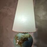 large glazed blue green ceramic lamp signed palm tree 1970, h75x20 light trace lampshade