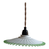 Portable lamp with green and white glass suspension