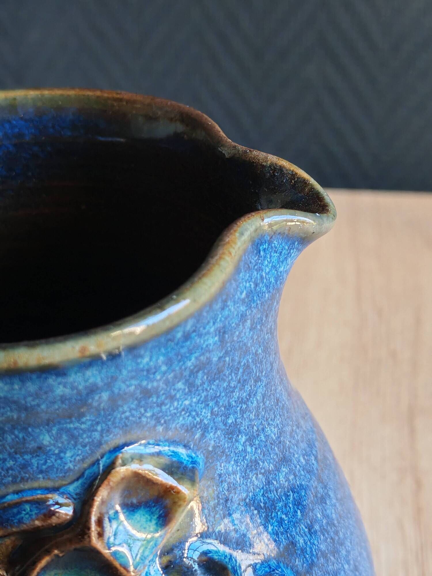 Vintage Blue Stoneware Jug with Grape Cluster Pattern, Ceramic Vase