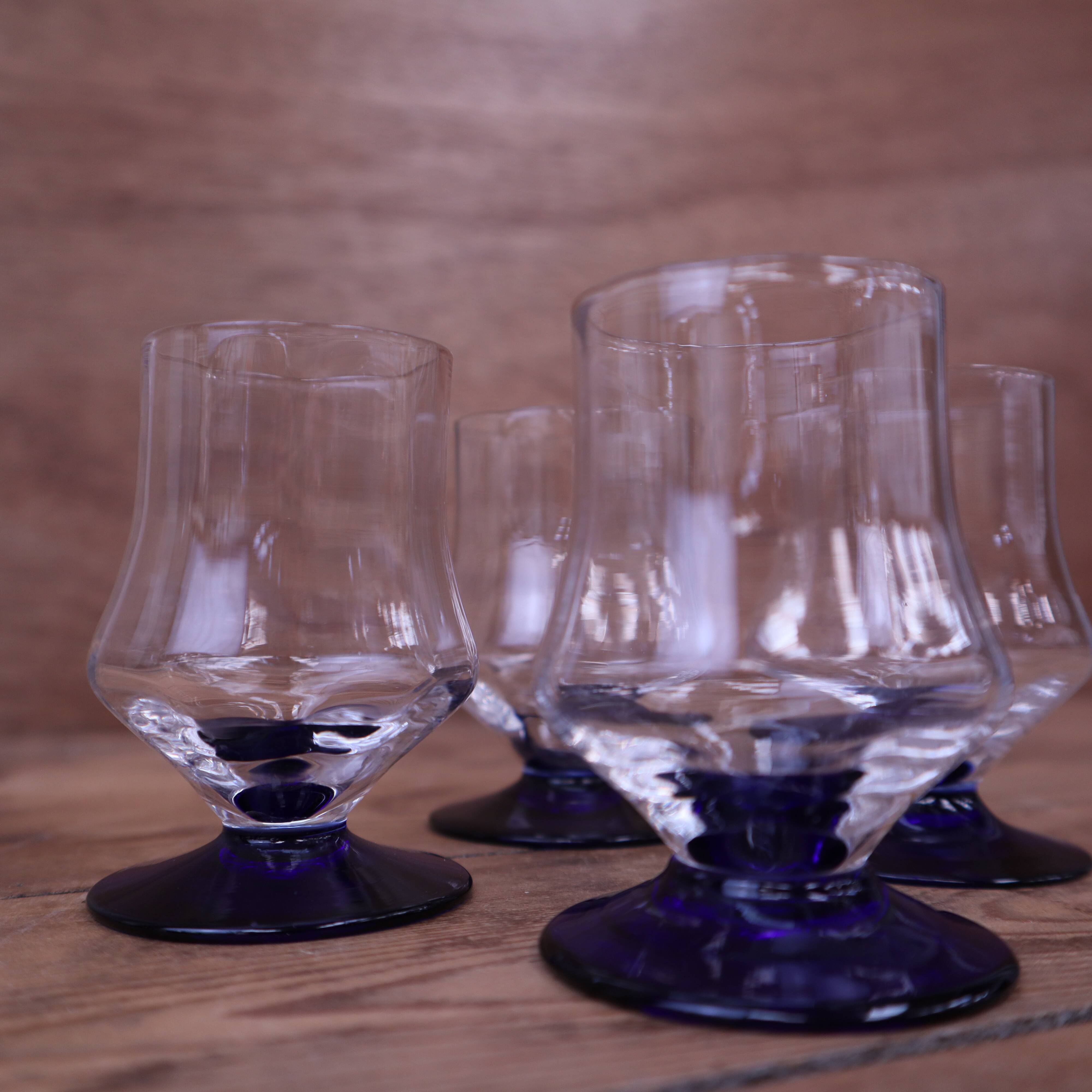 4 vintage aperitif glasses with blue stems, France 1940.