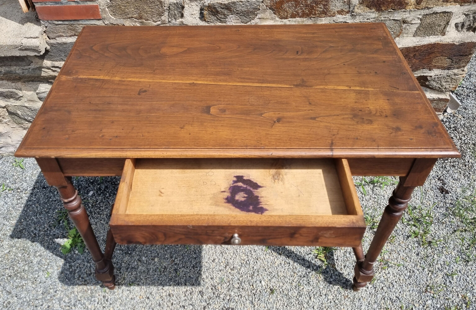 Writing table or wooden desk, Louis XIII style, turned legs, vintage