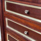 Pair of mahogany and brass side tables or bedside tables with Carrara marble tops.