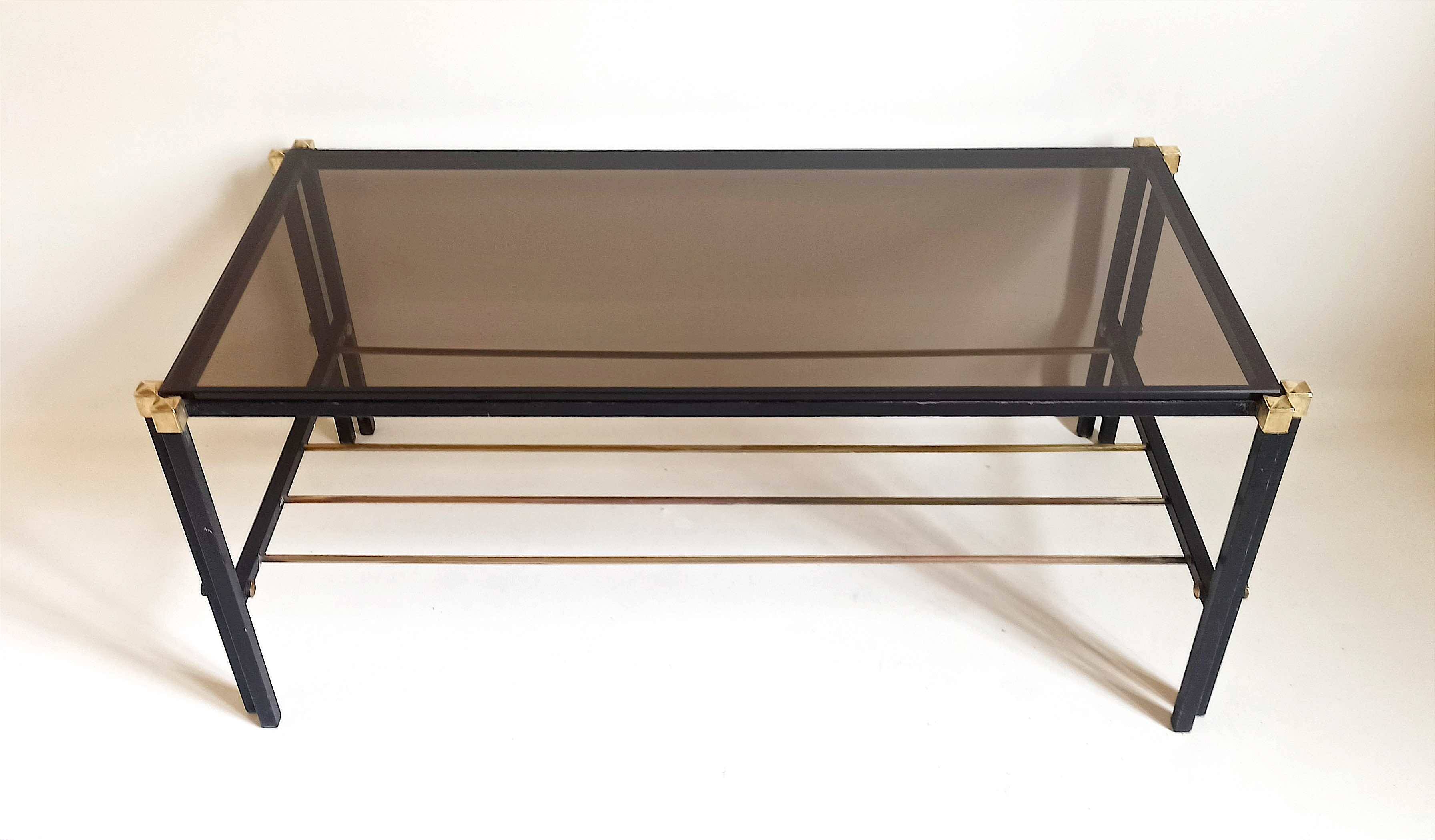 Magazine holder coffee table 1960s smoked glass, metal and brass Width 94.2 cm