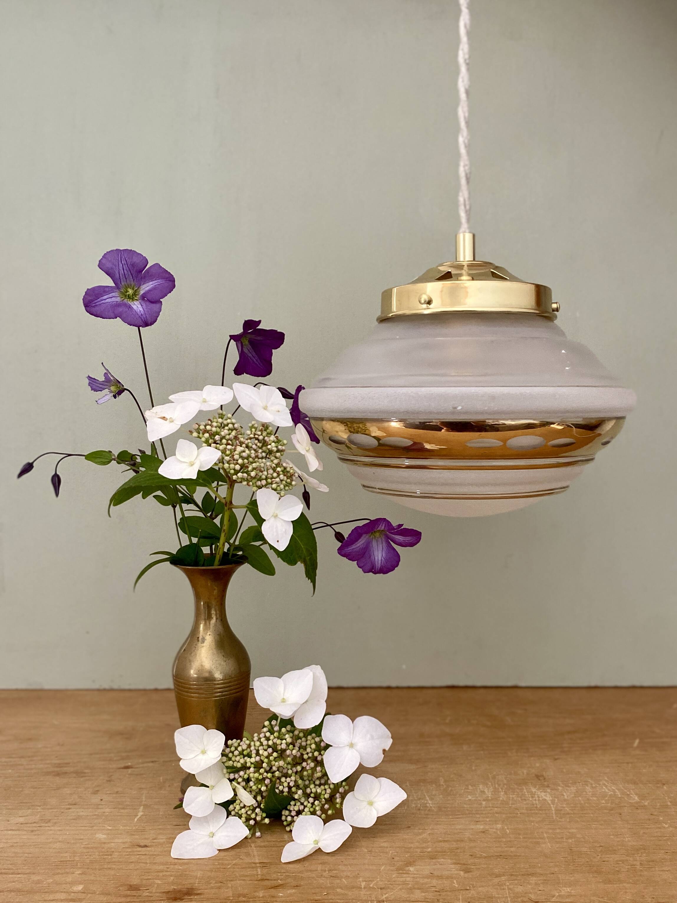Vintage art deco globe pendant light in white and gold frosted glass