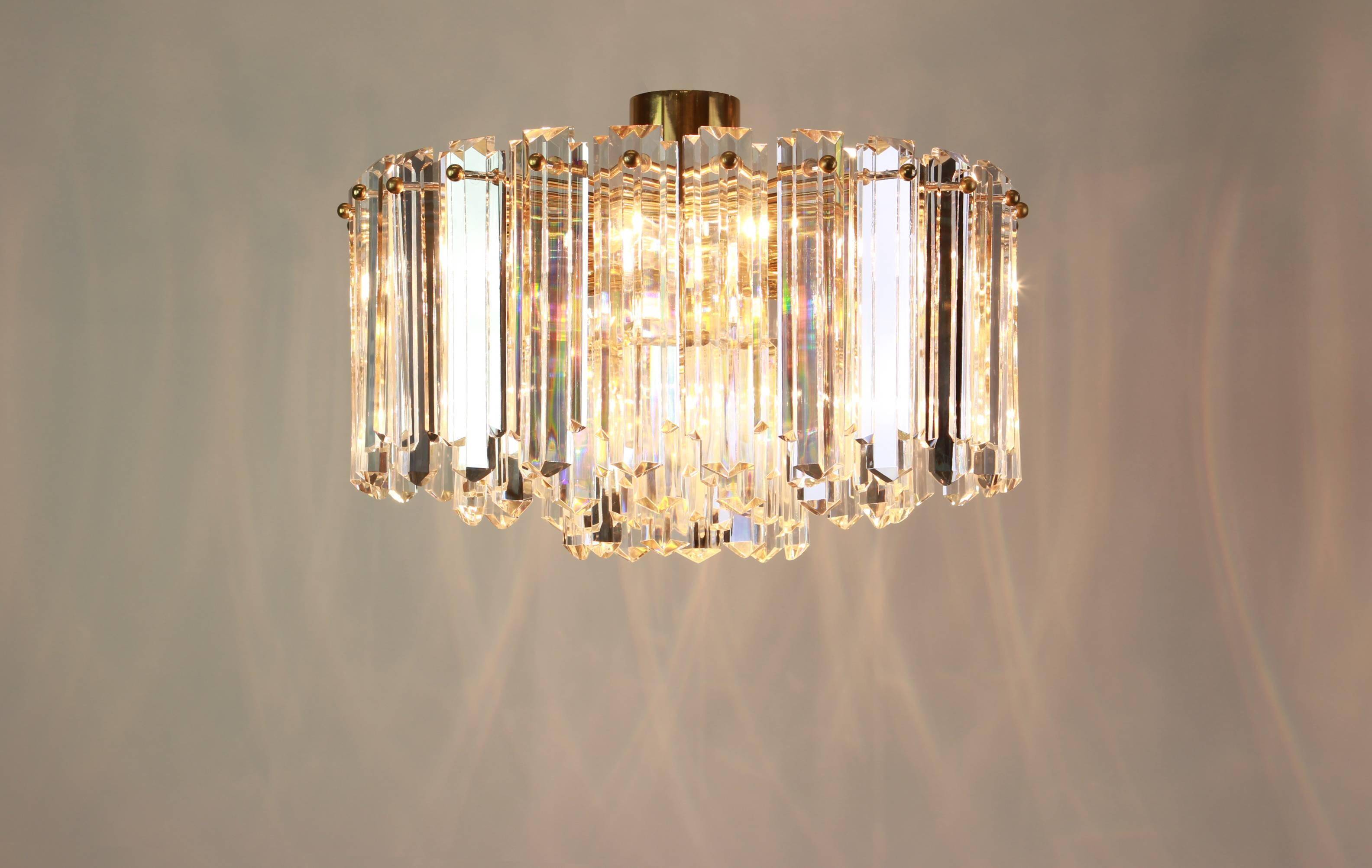 Elegant brass light fixture, crystal glass Floria, Kalmar, Austria, 1970.