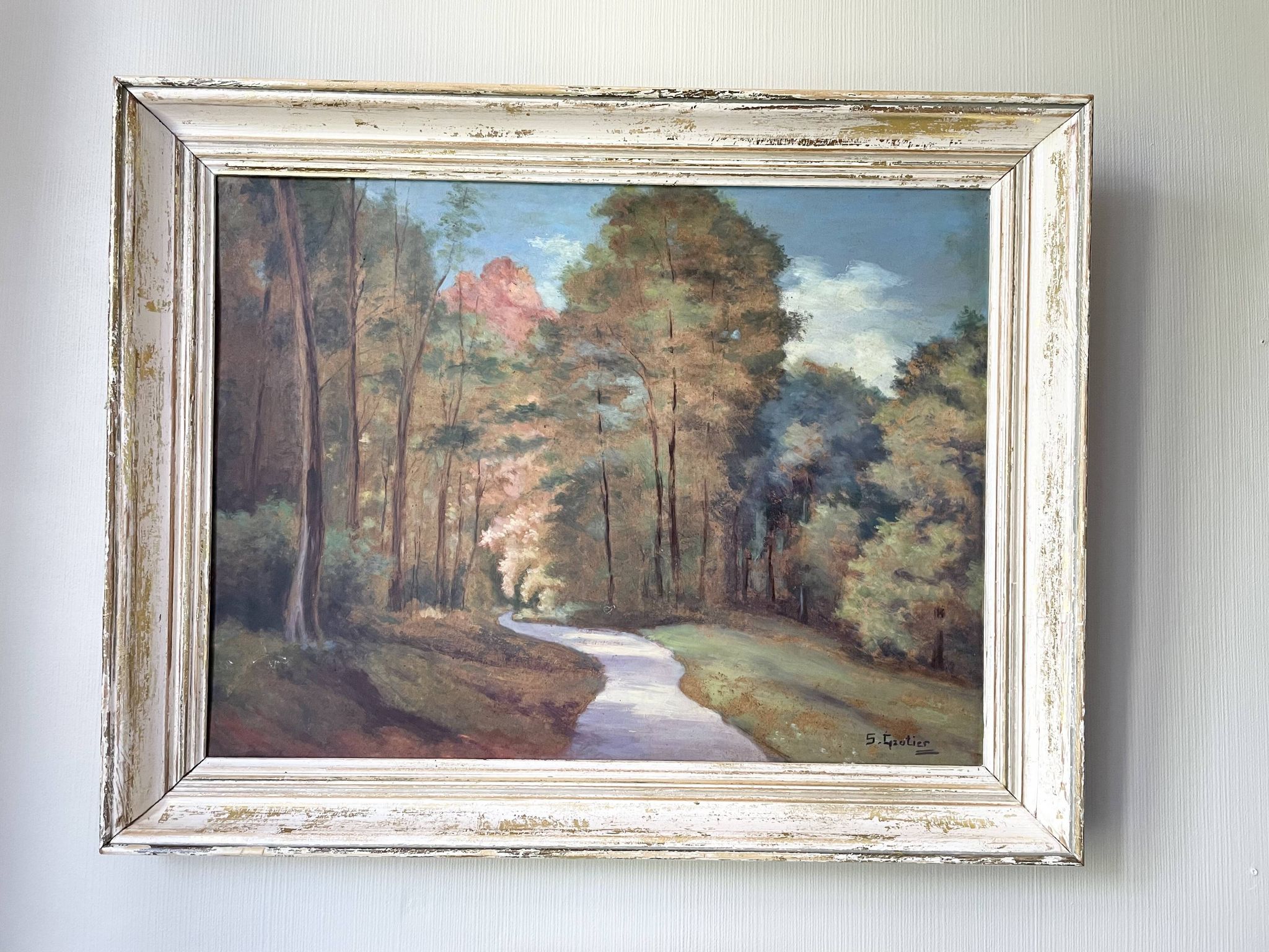 Tableau ancien paysage de forêt signé S.Gautier
