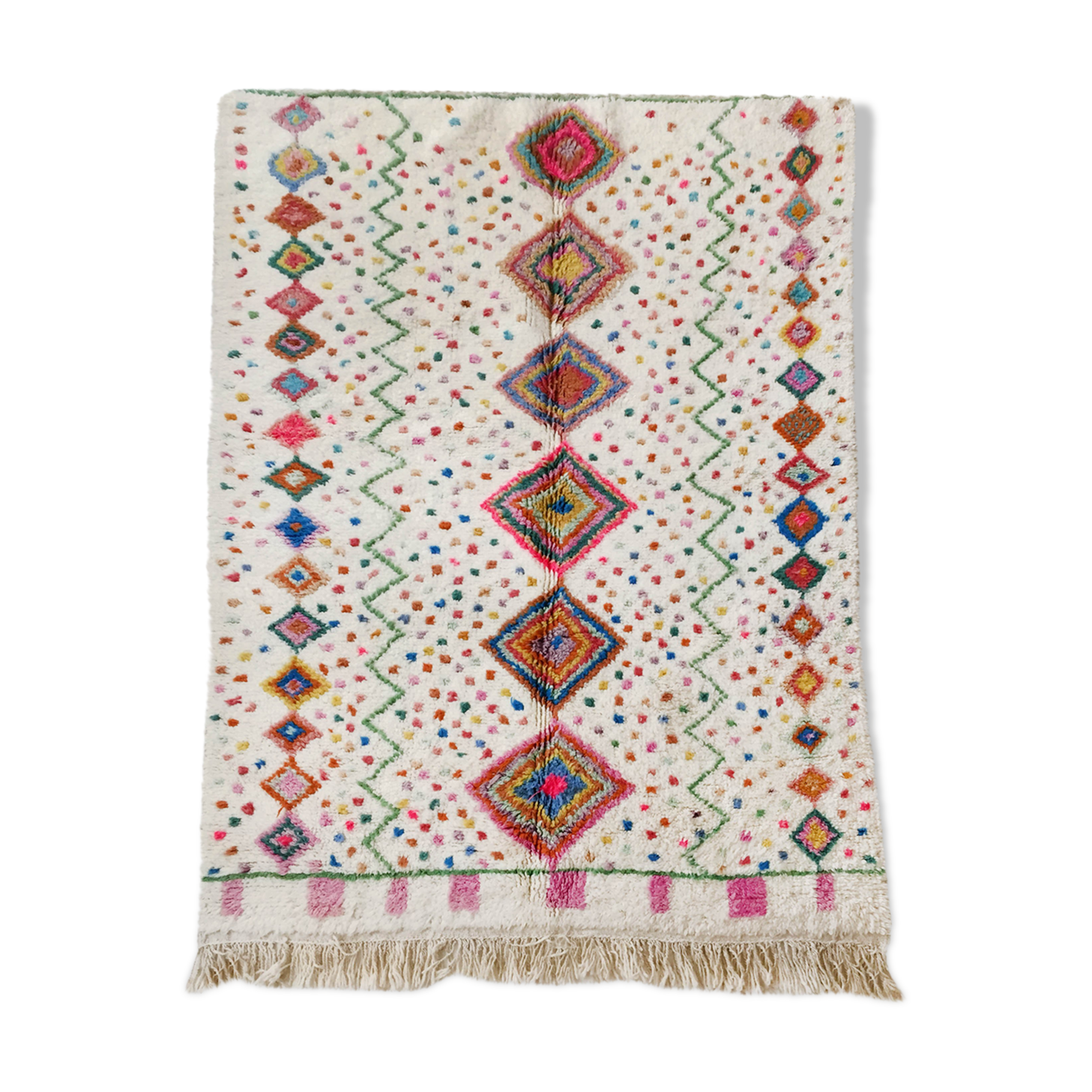 Moroccan Berber carpet azilal ecru with multicolored patterns 235x162cm