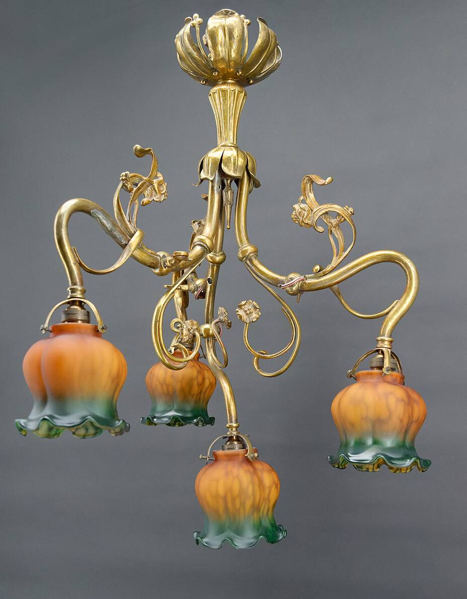 Art nouveau chandelier in gilt bronze, france, circa 1890