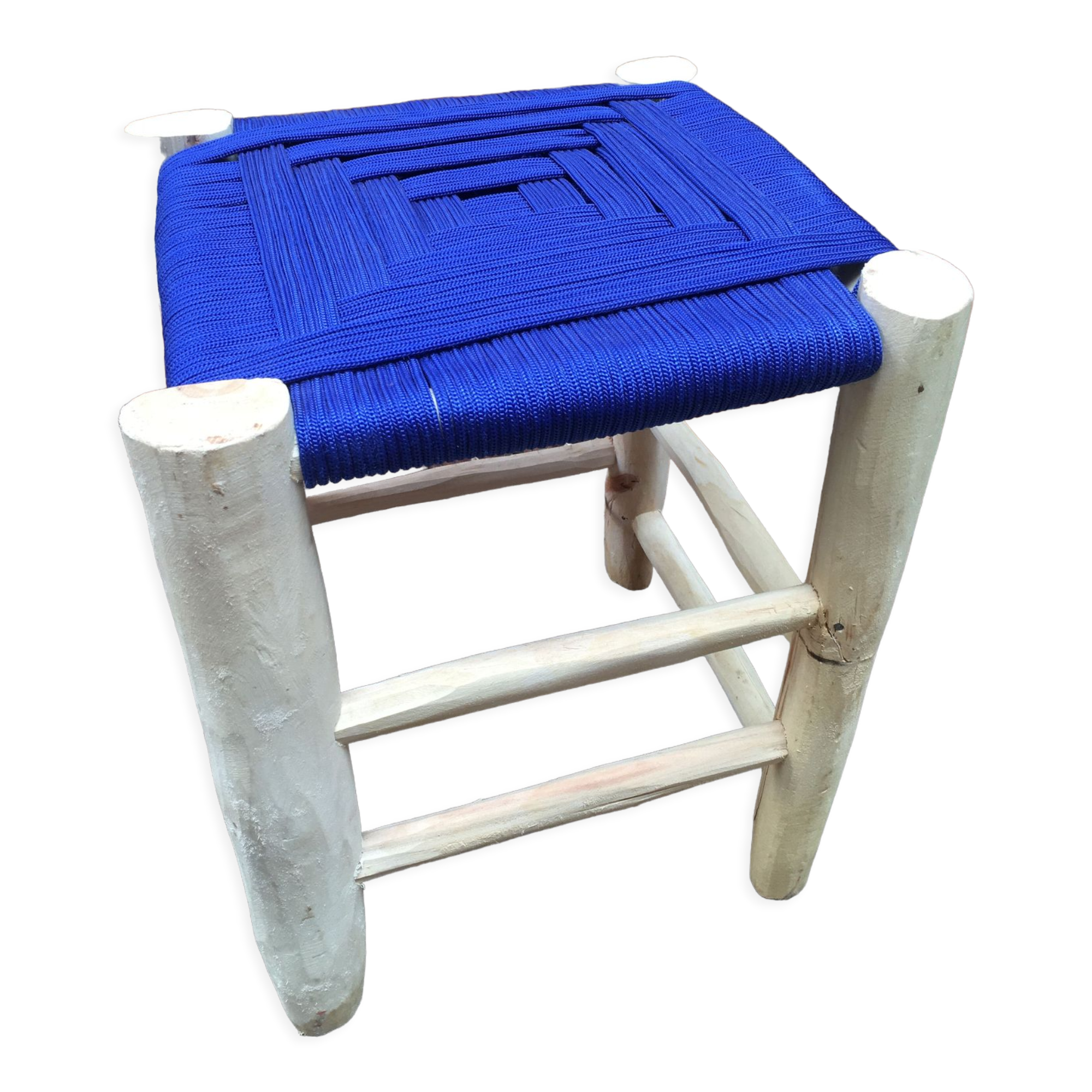 Traditional moroccan stool in nylon thread blue majorelle and eucalyptus wood