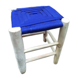 Traditional moroccan stool in nylon thread blue majorelle and eucalyptus wood
