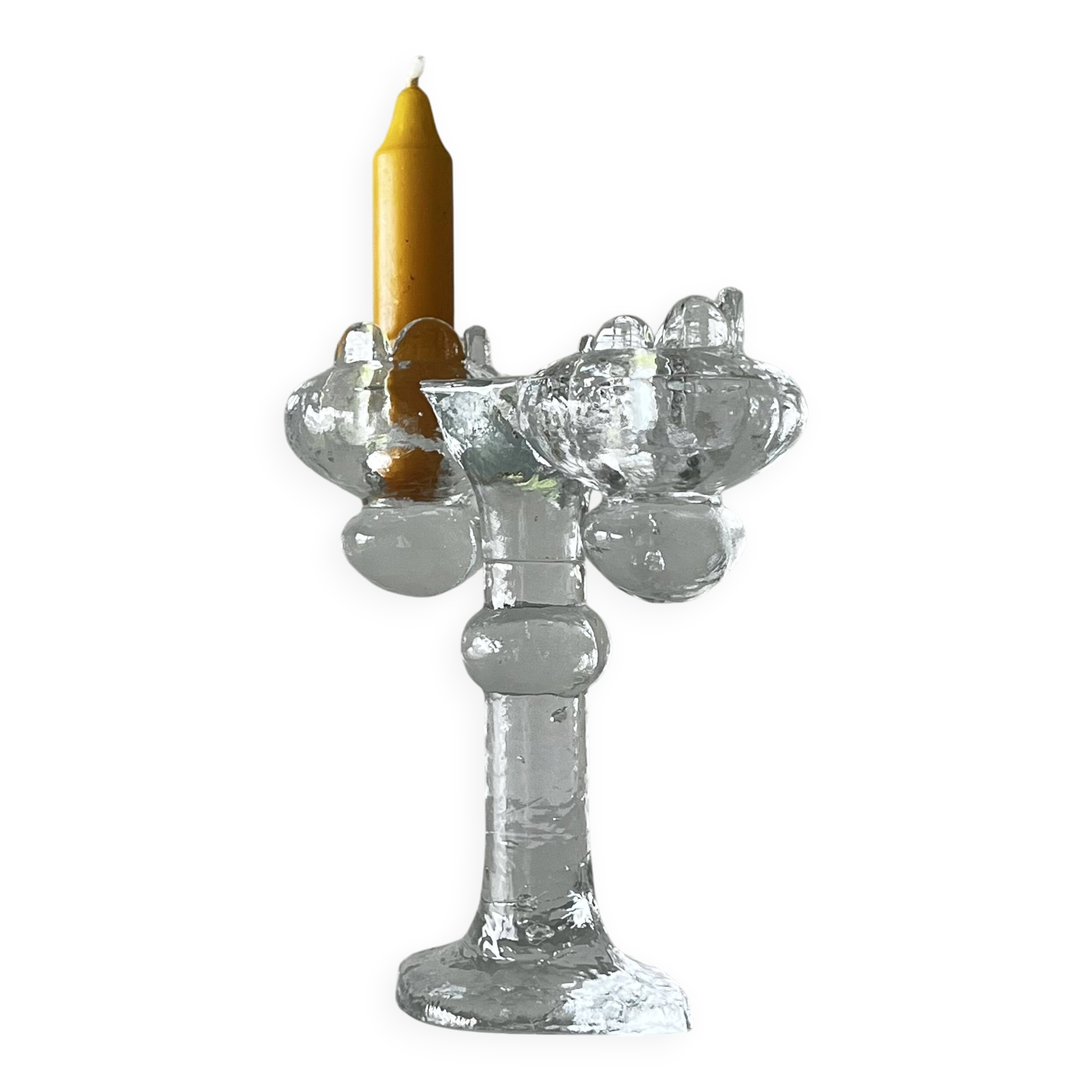 Brutalist double candle holder in ice glass Pukeberg Sweden – 1970