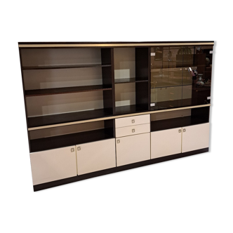 Wenge vintage wall cabinet with glass doors and drawers