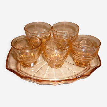 Ensemble rosé plateau et 5 verres art déco