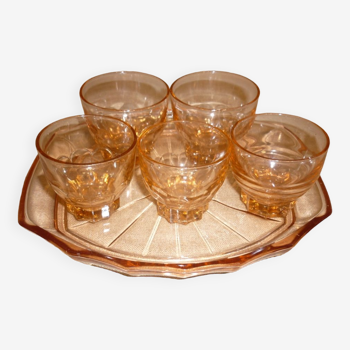Rosé tray set and 5 art deco glasses