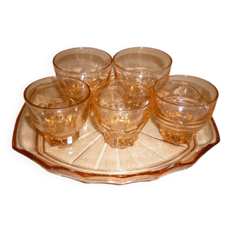 Ensemble rosé plateau et 5 verres art déco