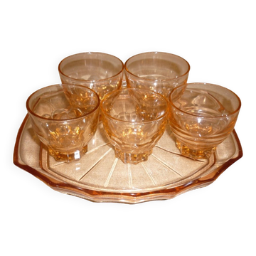 Rosé tray set and 5 art deco glasses
