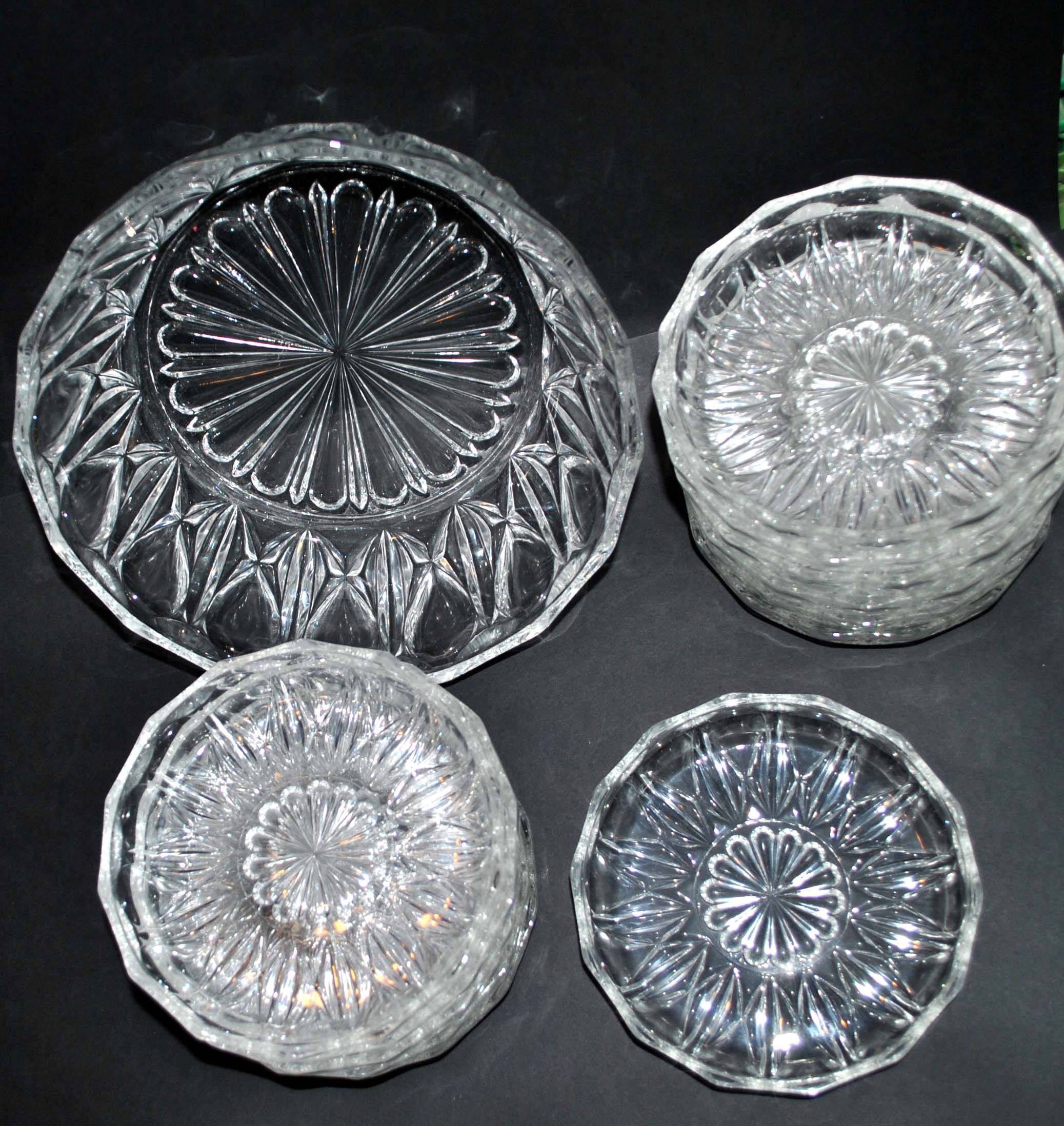Vintage dessert set - salad bowl and 12 cups in retro pressed-molded glass 1950