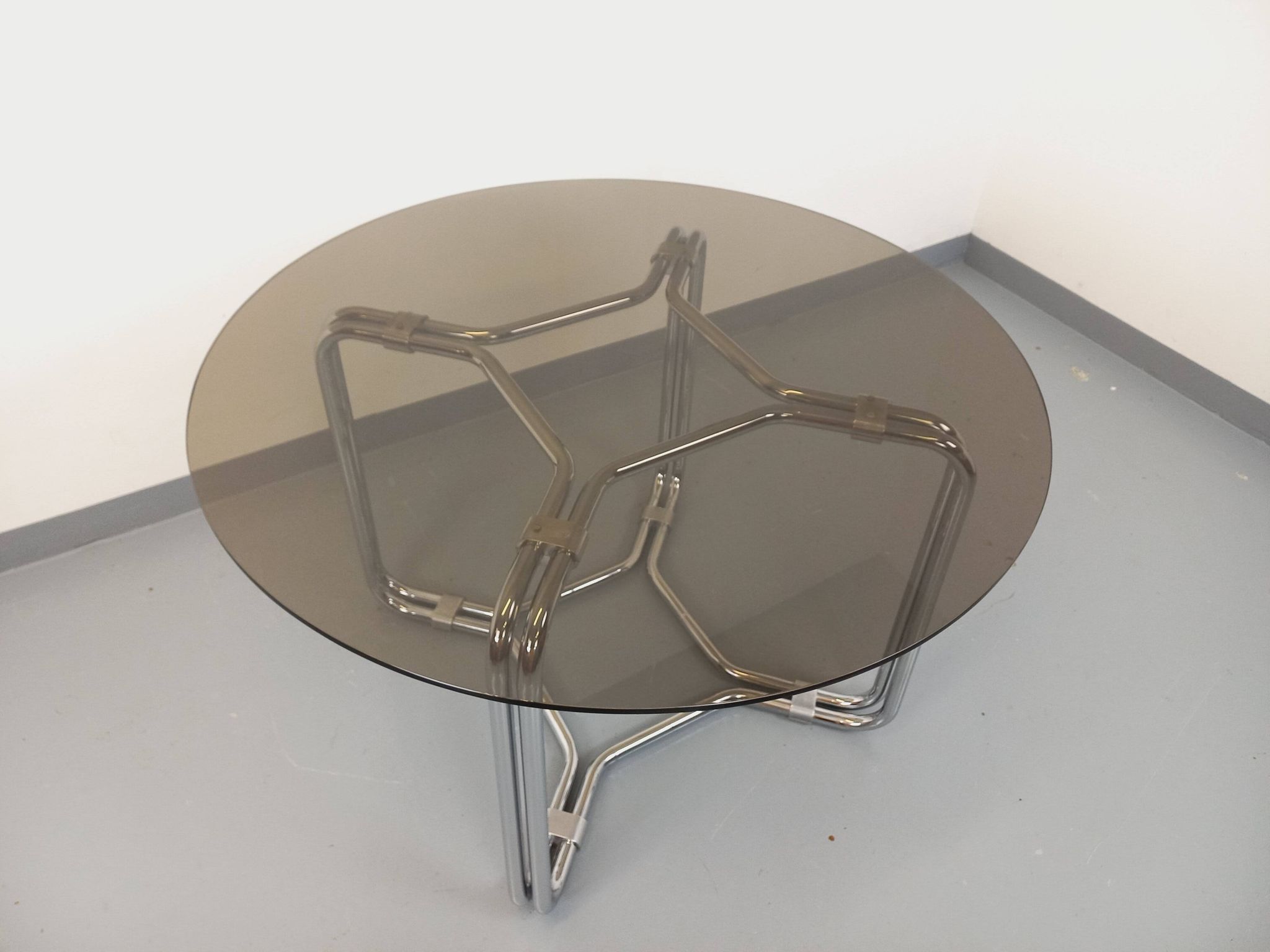 Vintage round dining table in smoked glass and chrome metal