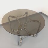 Vintage round dining table in smoked glass and chrome metal