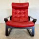 Vintage danish retro reclining lounge chair & stool in red leather by komfo