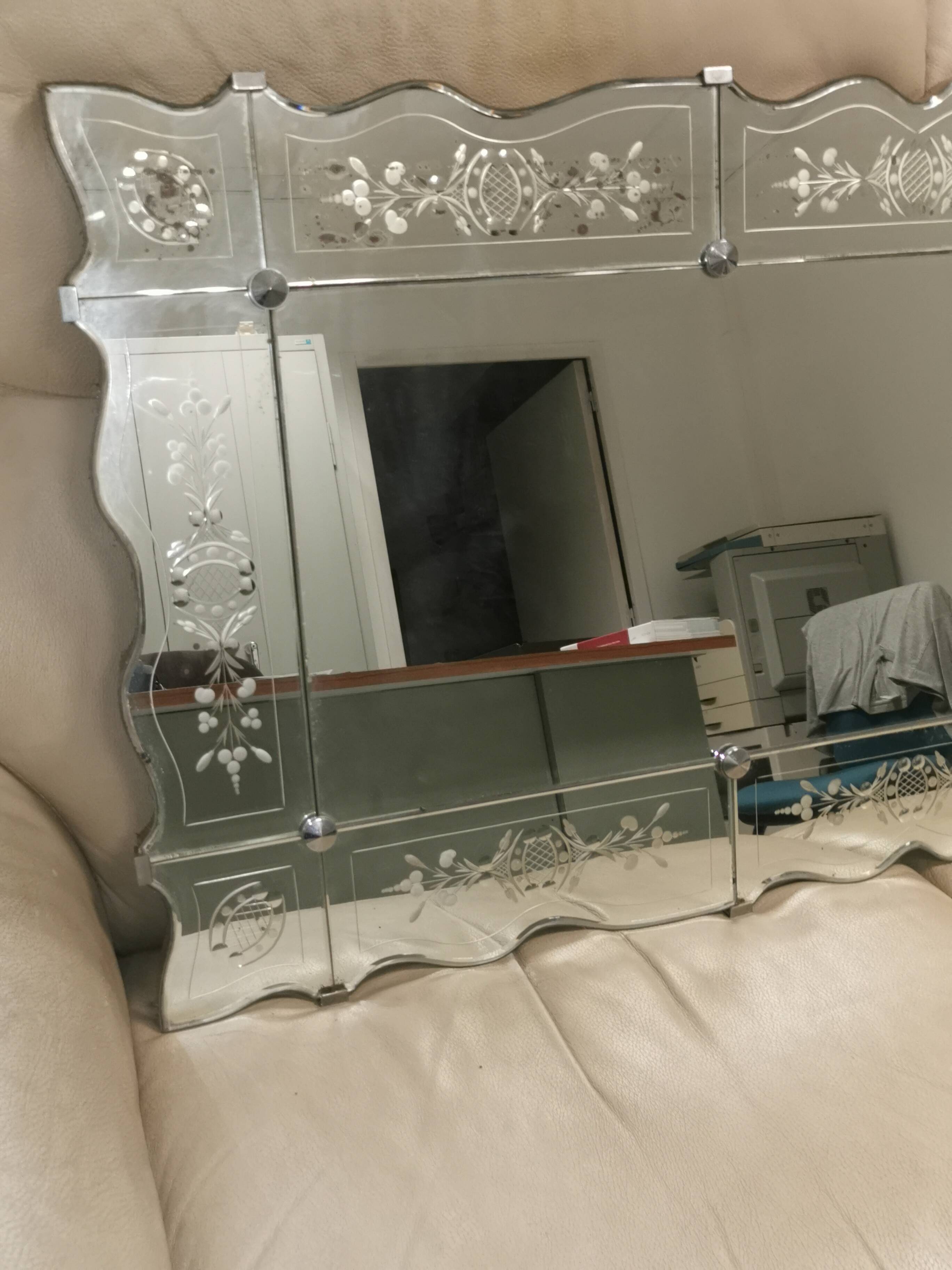 Vintage rectangular / panoramic mirror in Murano style, Venetian Art Deco