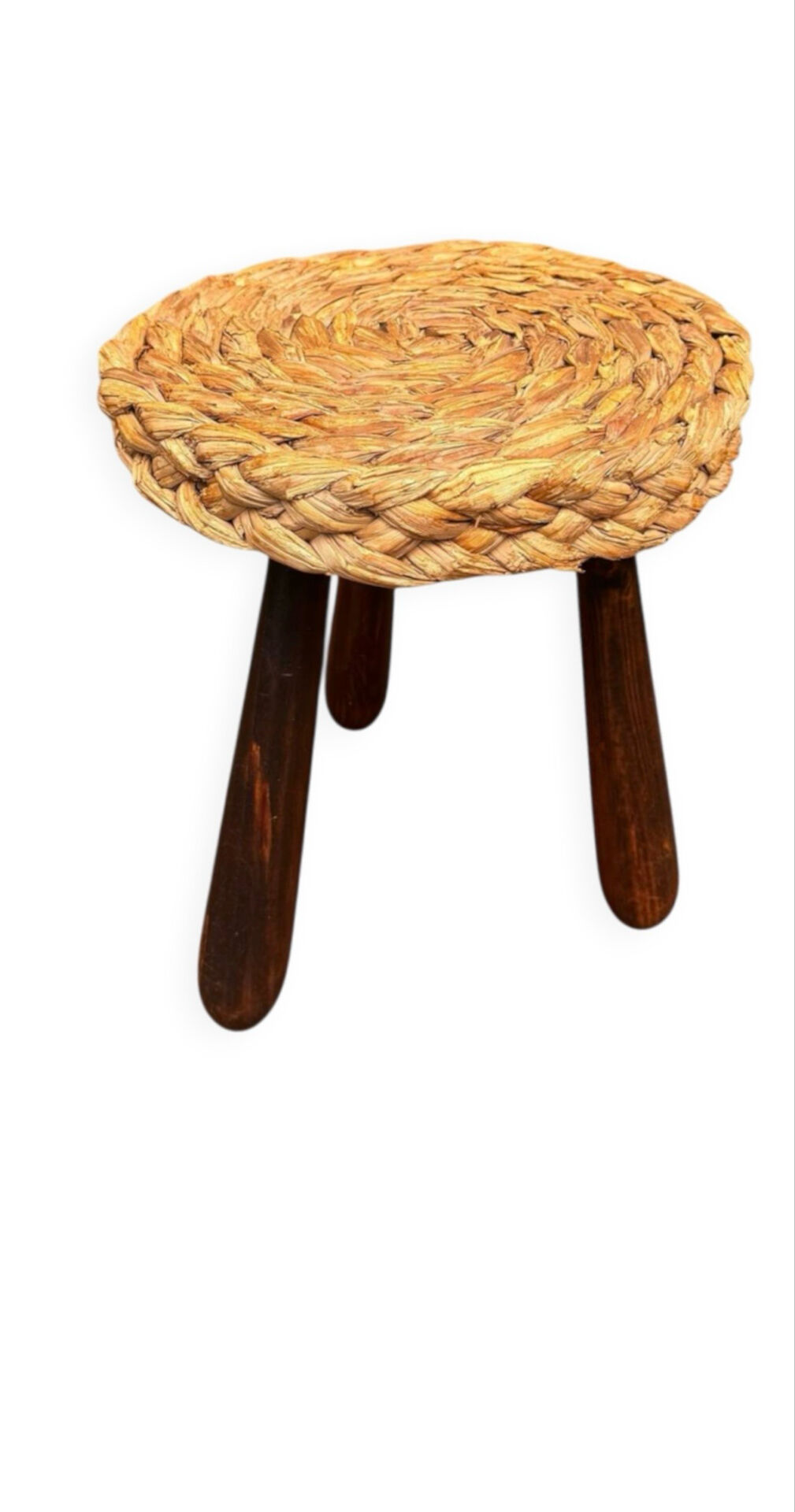 Tabouret tripode en chêne et paille Audoux et Minet 50’s