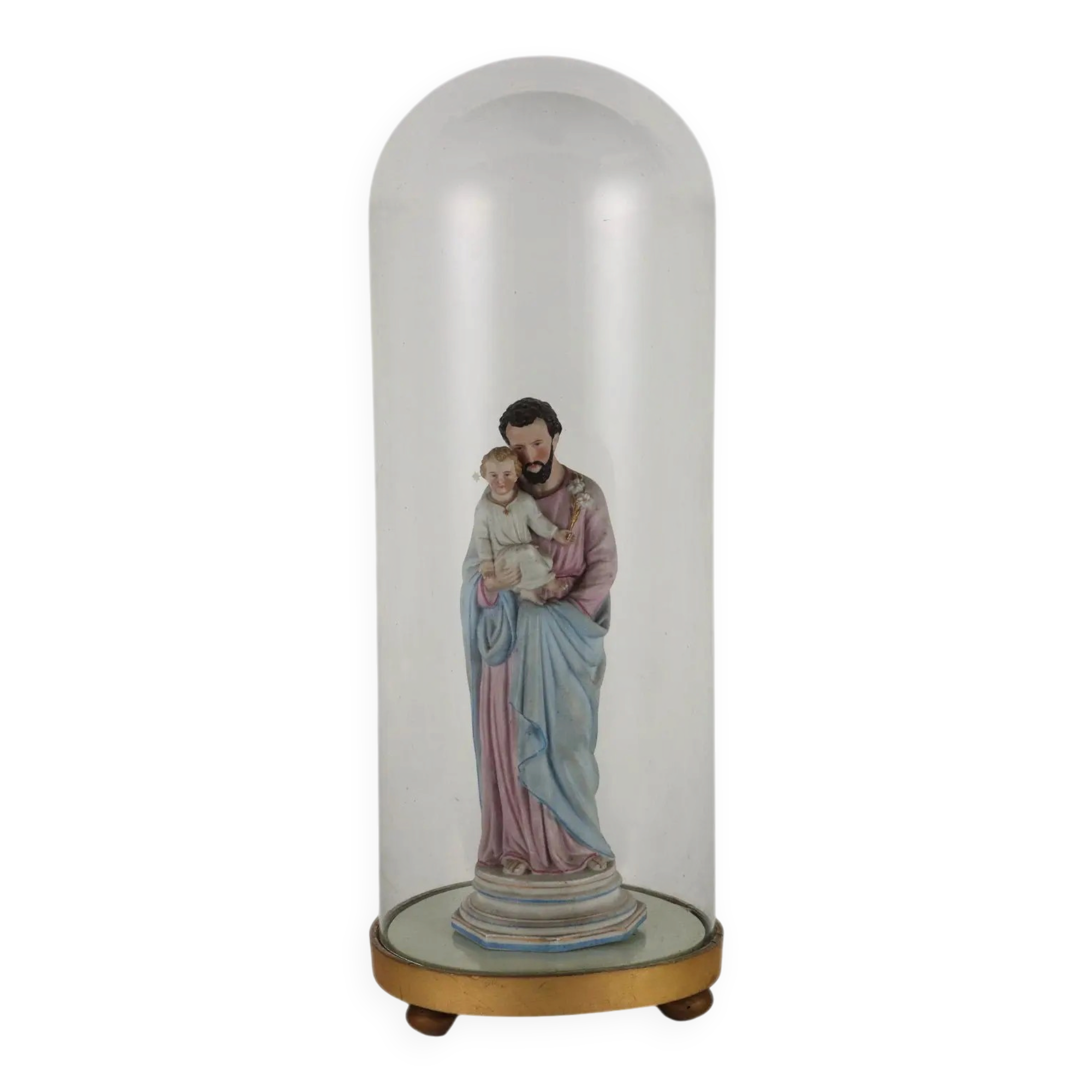 Ancient sculpture of Saint Joseph in a display case, Italy 1900s, polychrome porcelain.