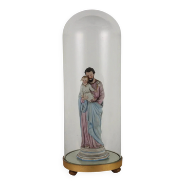 Ancient sculpture of Saint Joseph in a display case, Italy 1900s, polychrome porcelain.