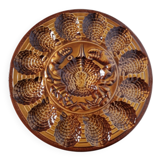 Large oyster and shellfish dish, French earthenware, hand-painted, 1970s