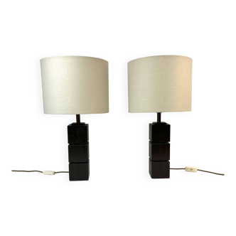 Stunning large Pair cubist Teak Desk Lamps Danish Modern Mid Century lamp bases Denmark 1960