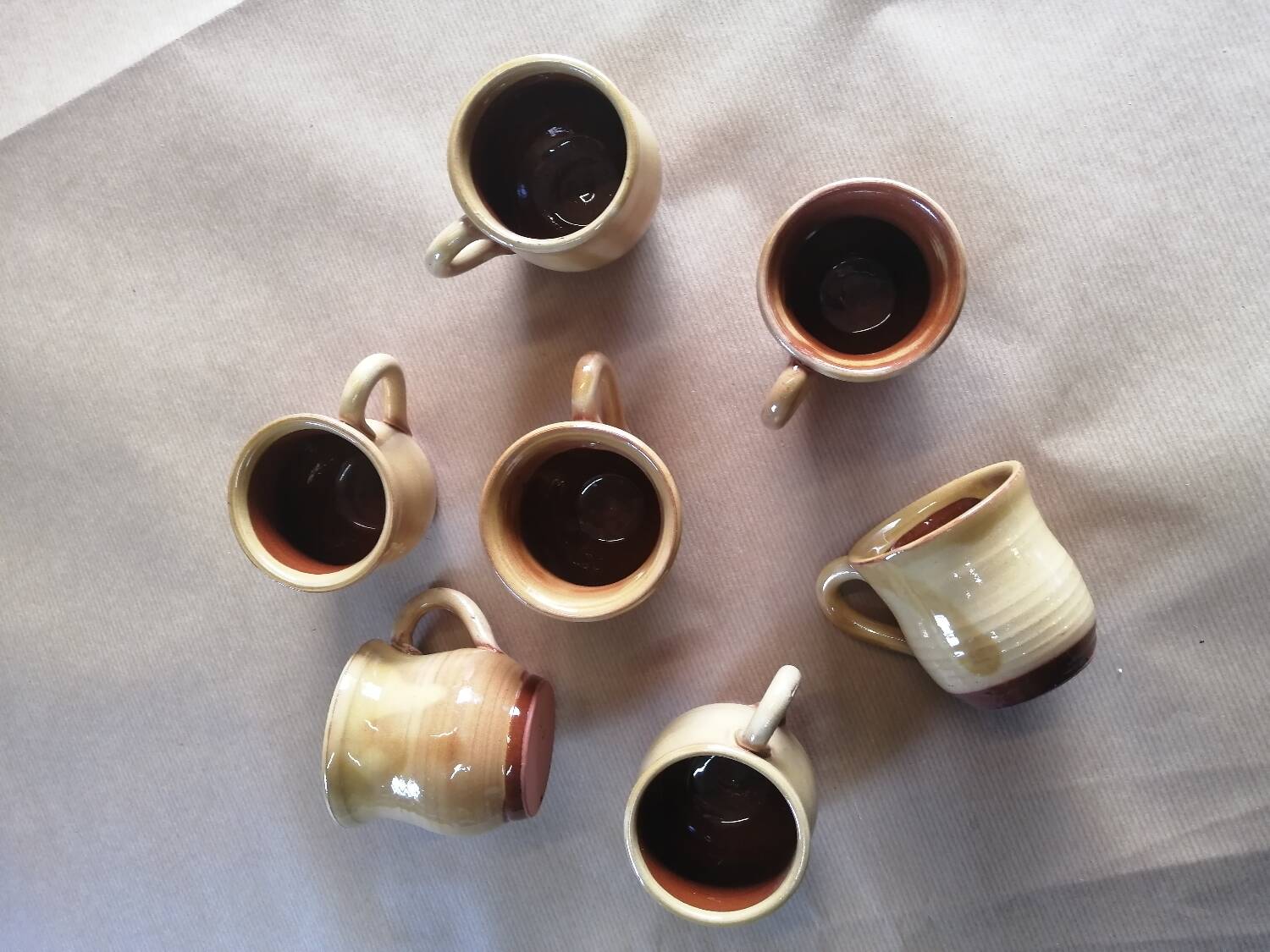 Set of 7 vintage stoneware yellow coffee cups