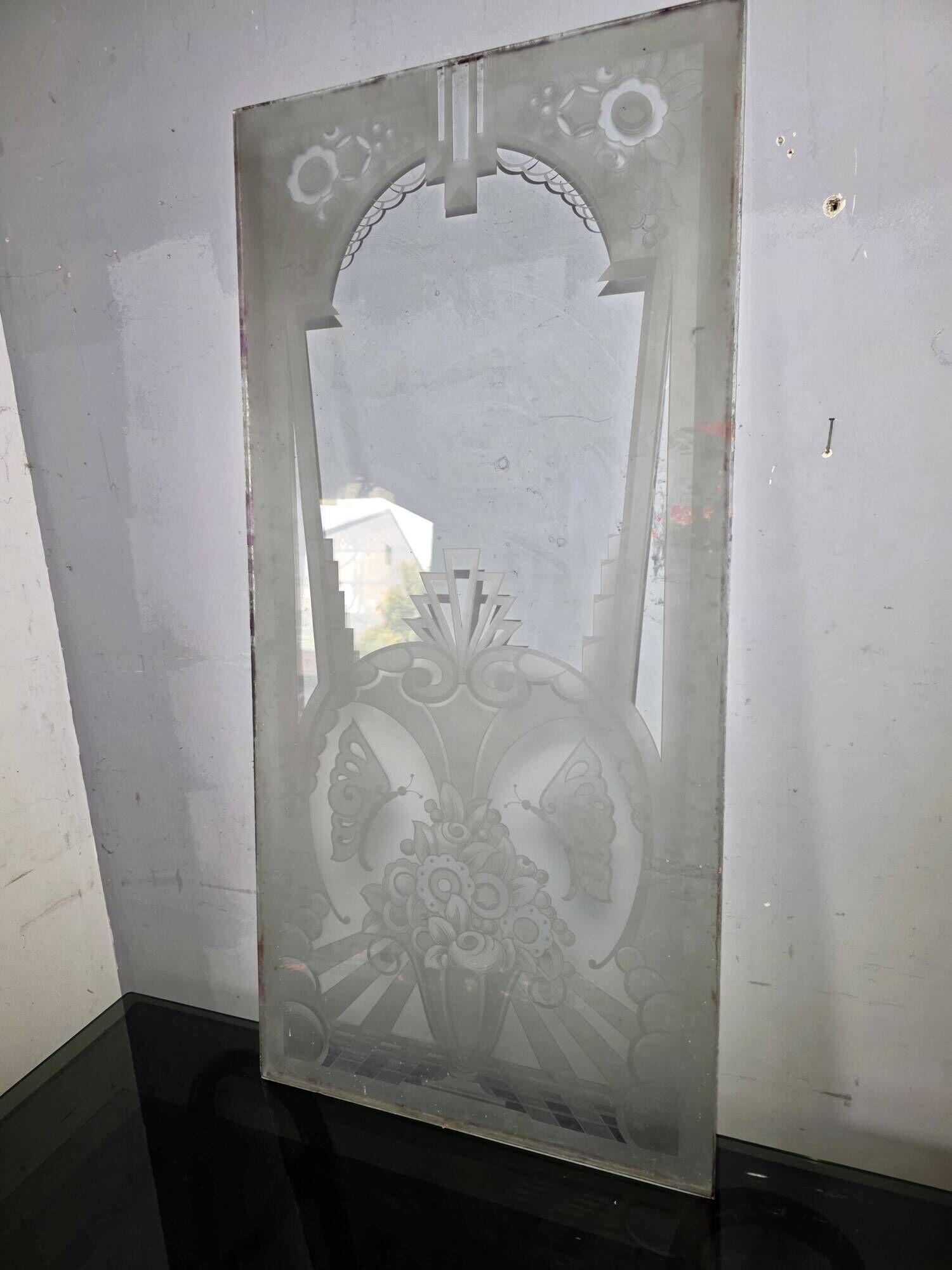 Art Deco engraved glass door panel 1930