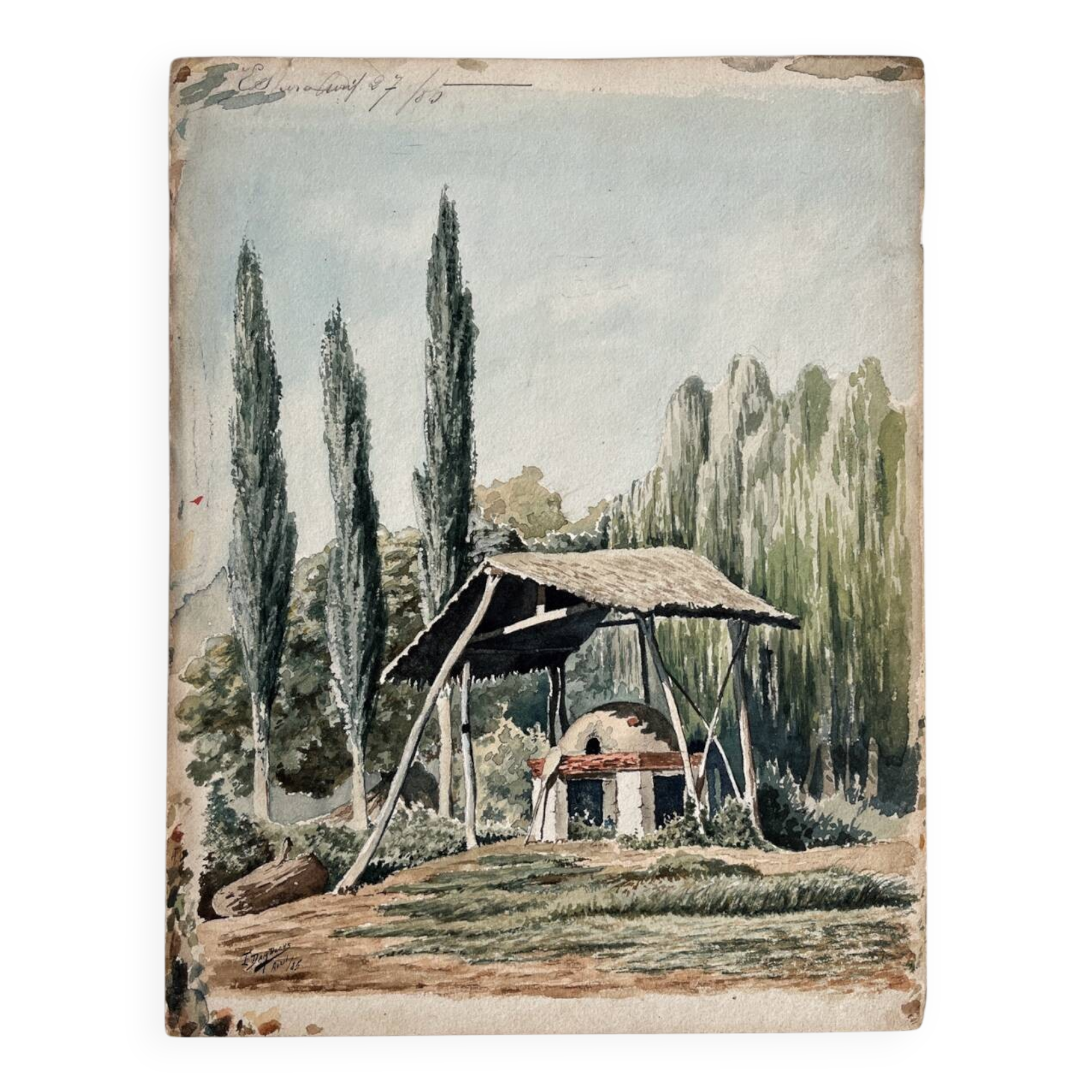 Old watercolor rural landscape dated 1885