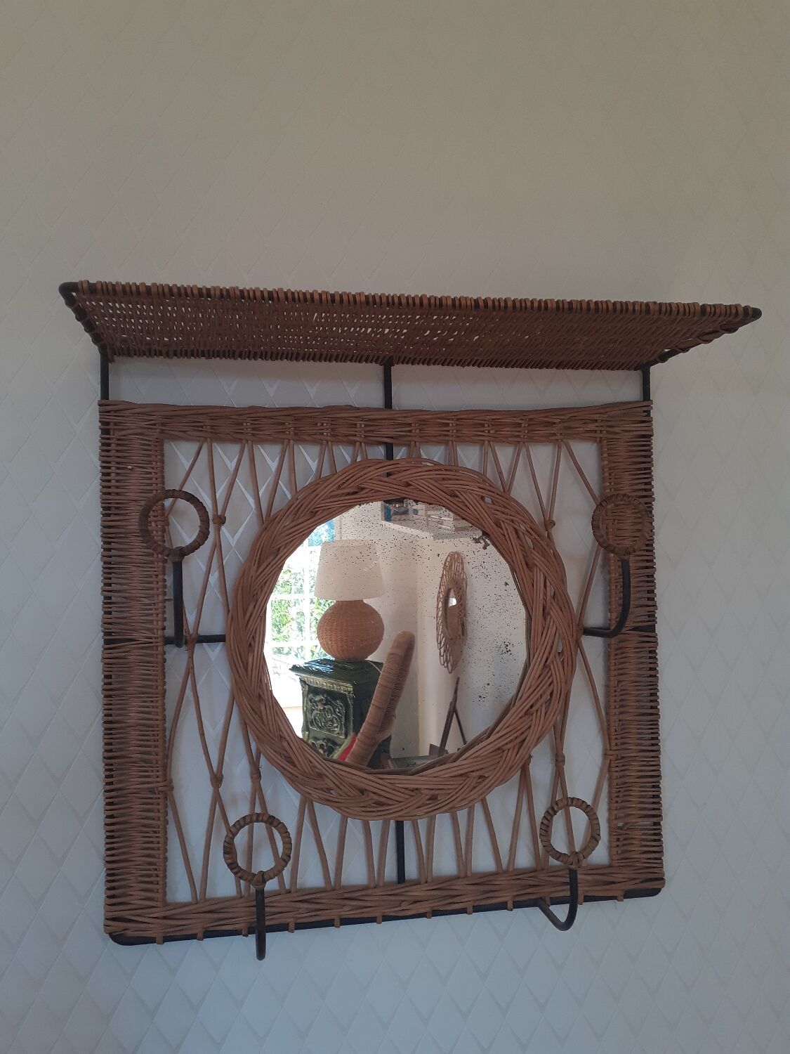Rattan wall-mounted coat rack with mirror