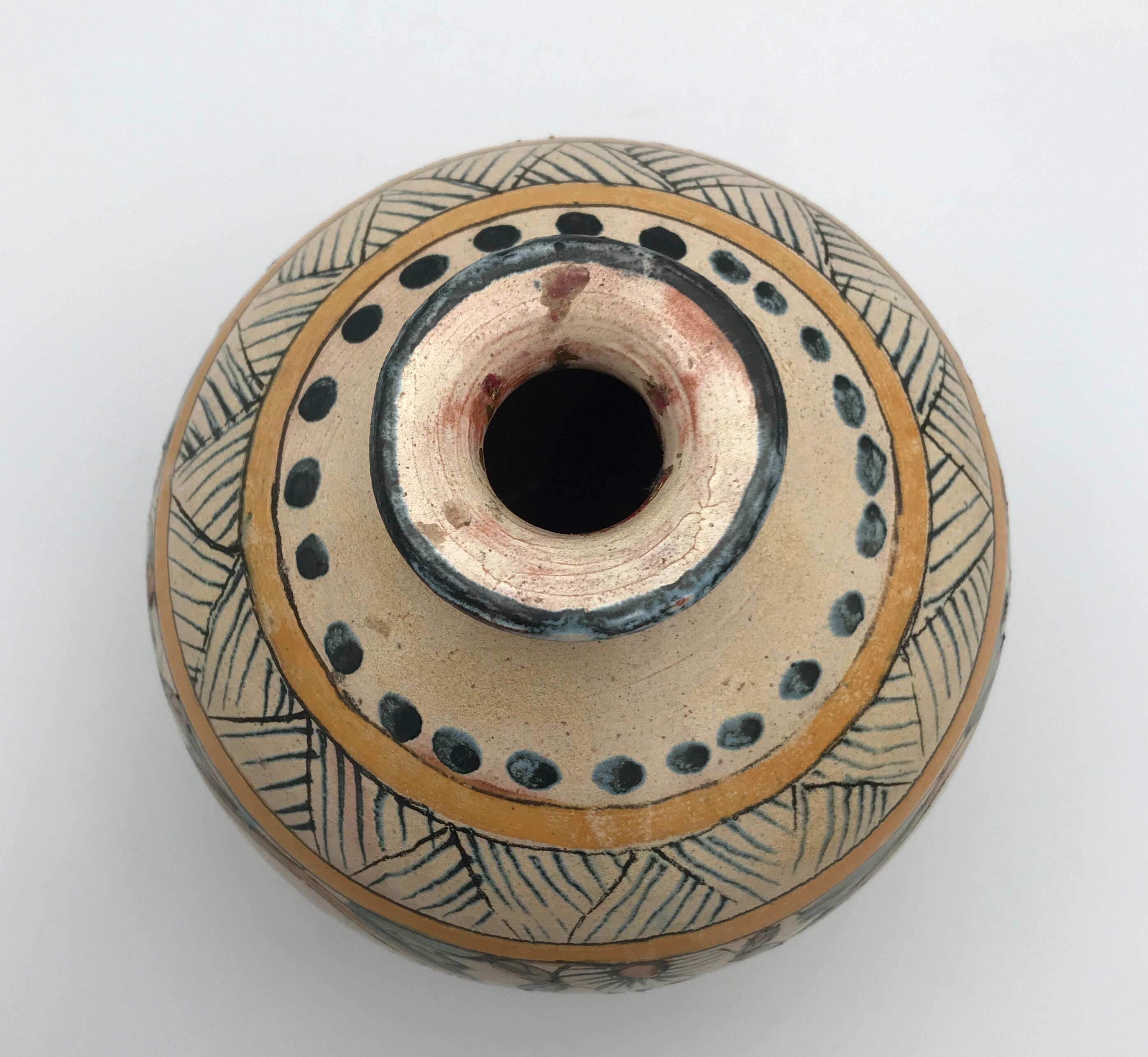 Vintage vase shaped terracotta ball with handheld paint decoration polychrome signed