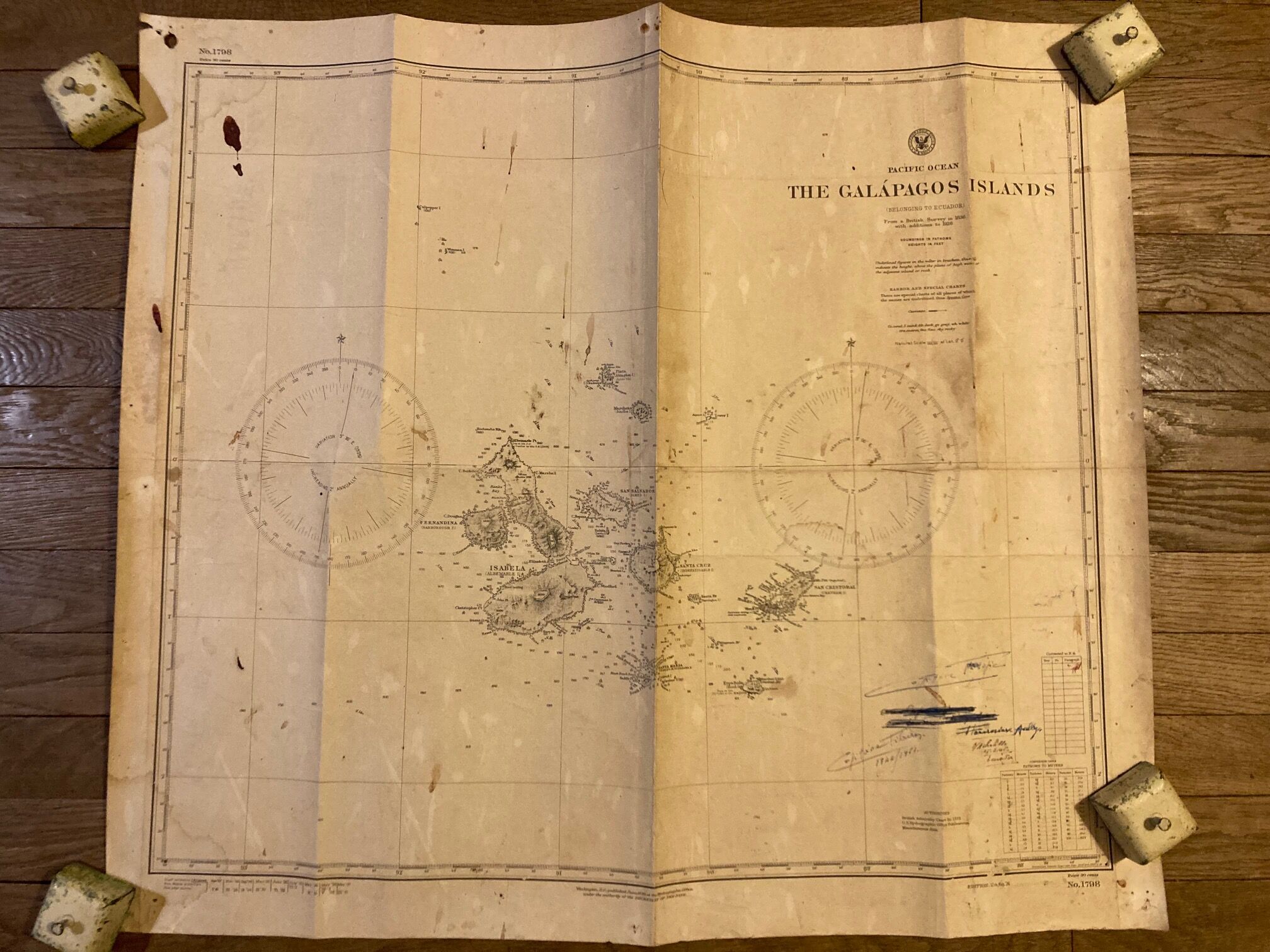 Old Galapagos maritime map with signature of the hydrographic US Navy captains