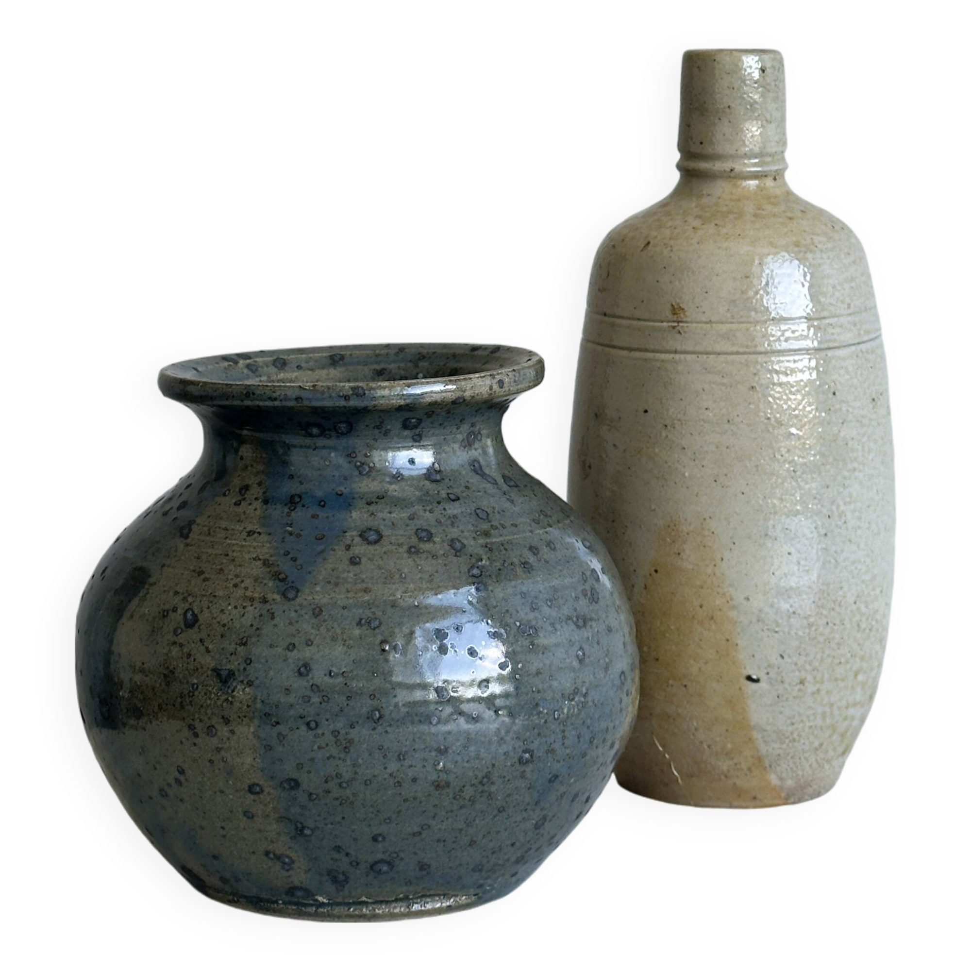 2 stoneware ceramics, vintage glazed stoneware vase