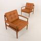 Rare Grete Jalk teak lounge chairs in aniline cognac leather for Cado