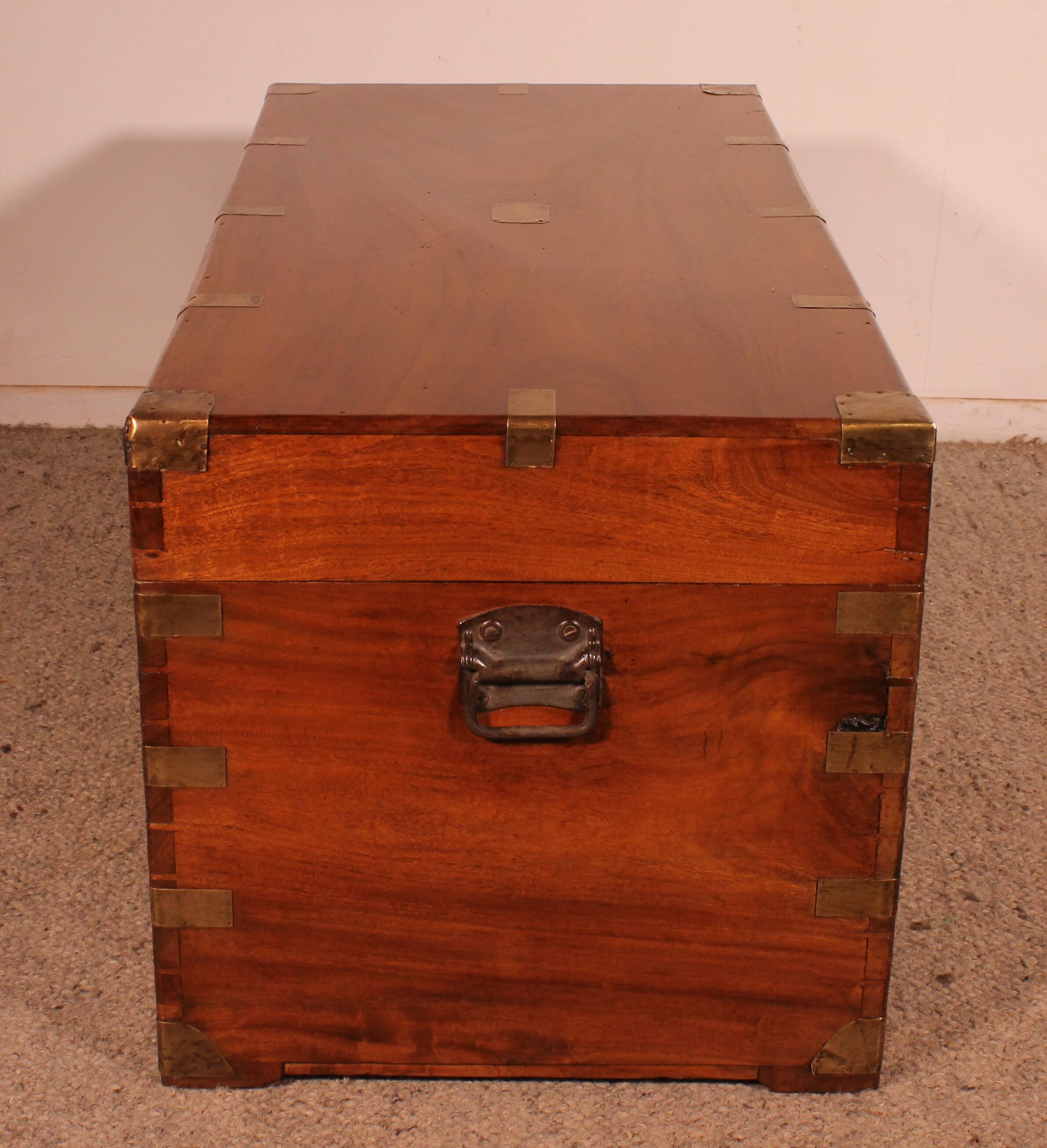19th-century camphor wood marine chest with double locks and tray in