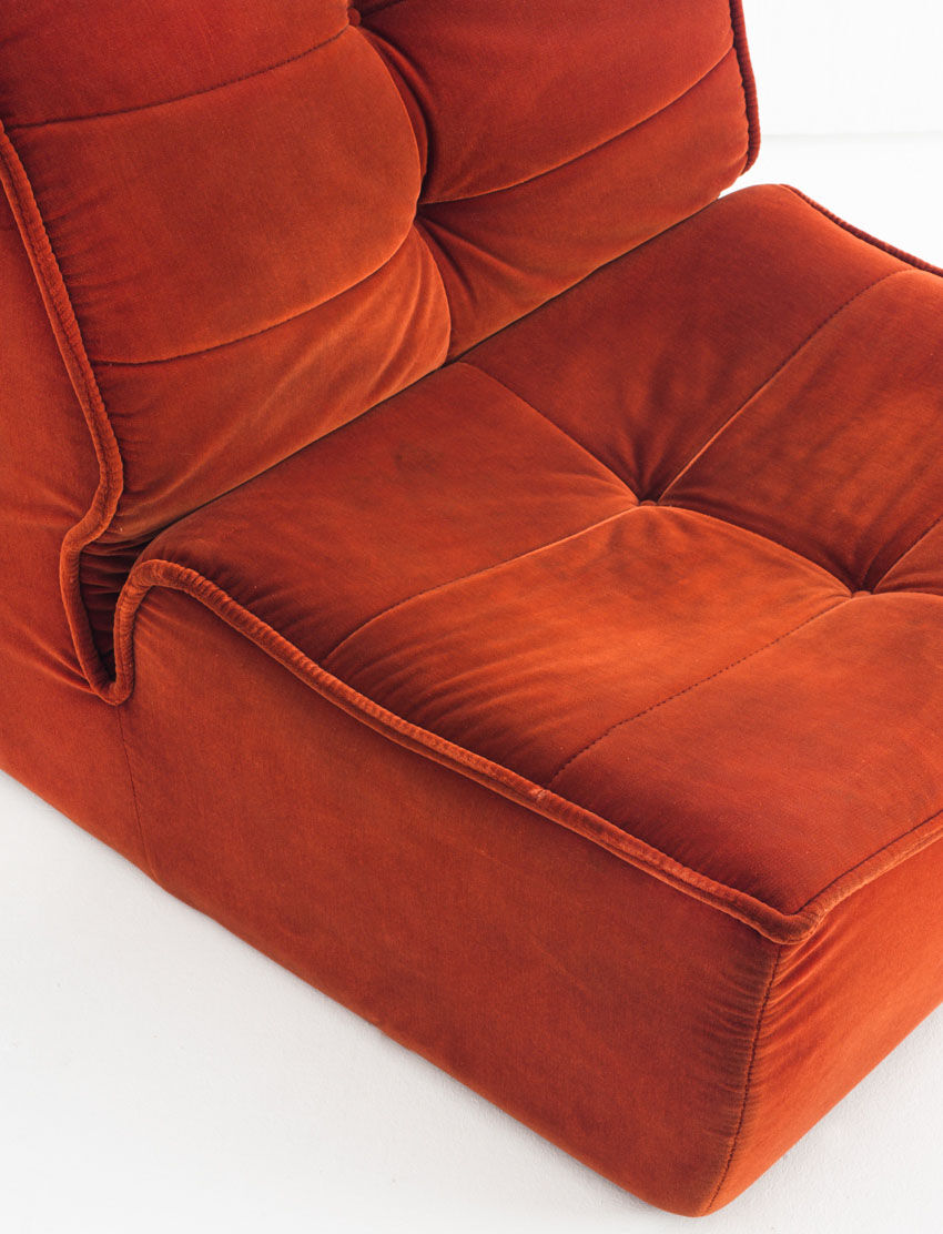 Vintage velvet lounge chair. Distributed by Cinna. France 1980s.