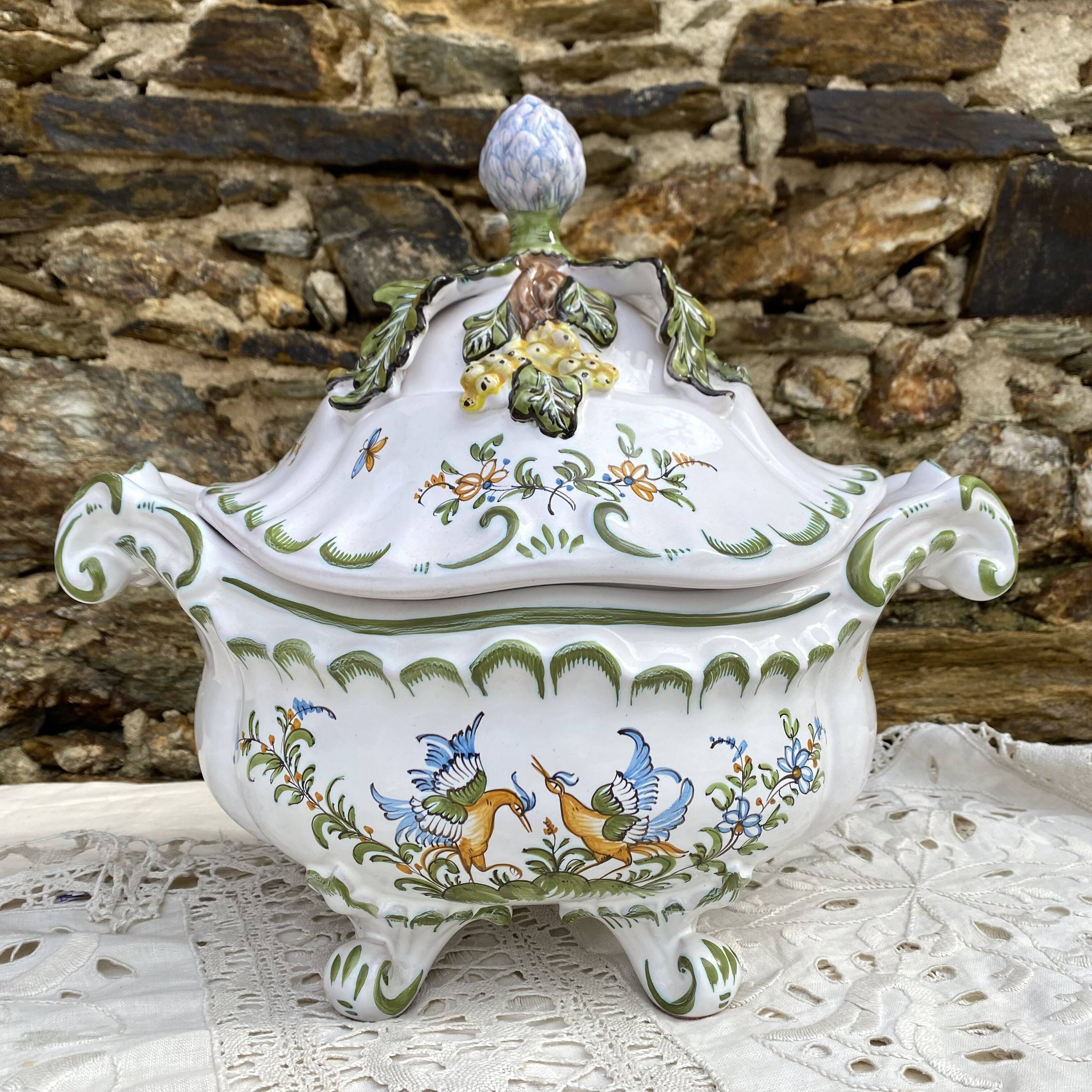 Hand-decorated earthenware soup tureen, Lallier Pottery